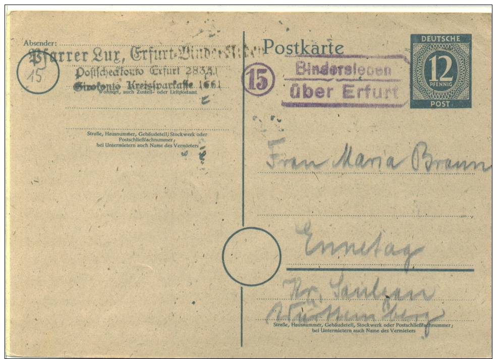 Landpost 15 BINDERSLEBEN über ERFURT Auf Ganzsache 1946 - Sonstige & Ohne Zuordnung