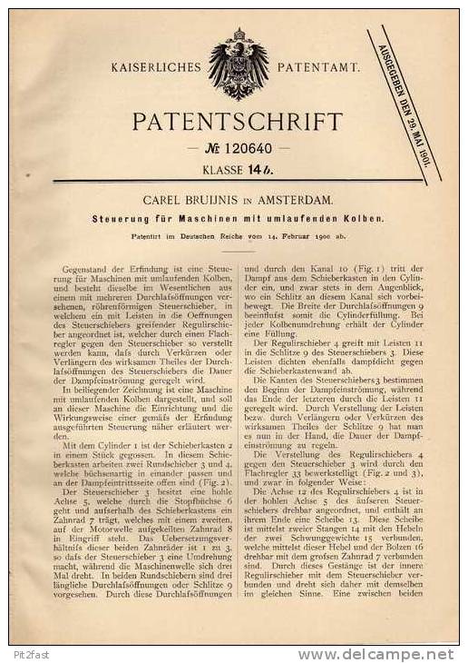 Original Patentschrift - C. Bruijns In Amsterdam , 1900 , Steuerung Für Maschinen Mit Umlaufendem Kolben !!! - Machines