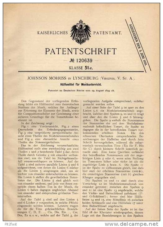 Original Patentschrift - J. Moriss In Lynchburg , 1899 , Musikunterricht - Hilfsmittel , Musik , Komposition !!! - Musical Instruments