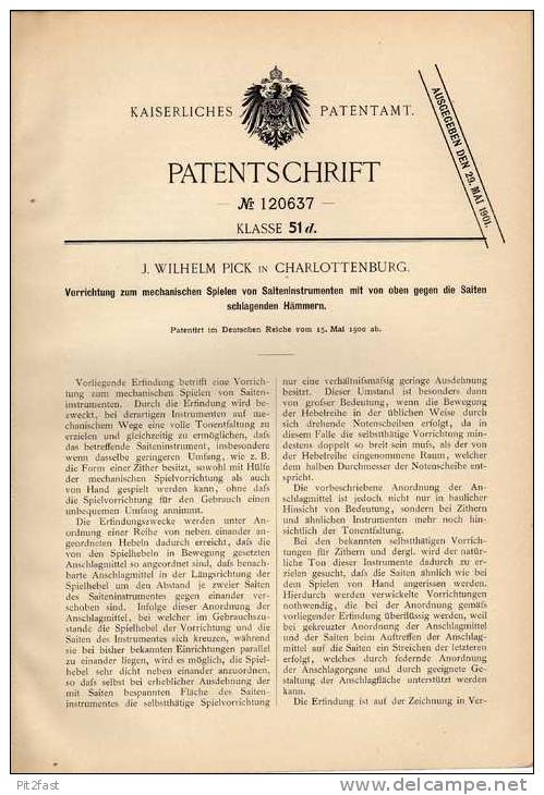 Original Patentschrift - J. Pick In Charlottenburg , 1900 , Saiteninstrument , Zither , Harfe !!! - Instruments De Musique