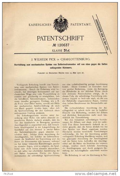 Original Patentschrift - J. Pick In Charlottenburg , 1900 , Saiteninstrument , Zither , Harfe !!! - Musikinstrumente