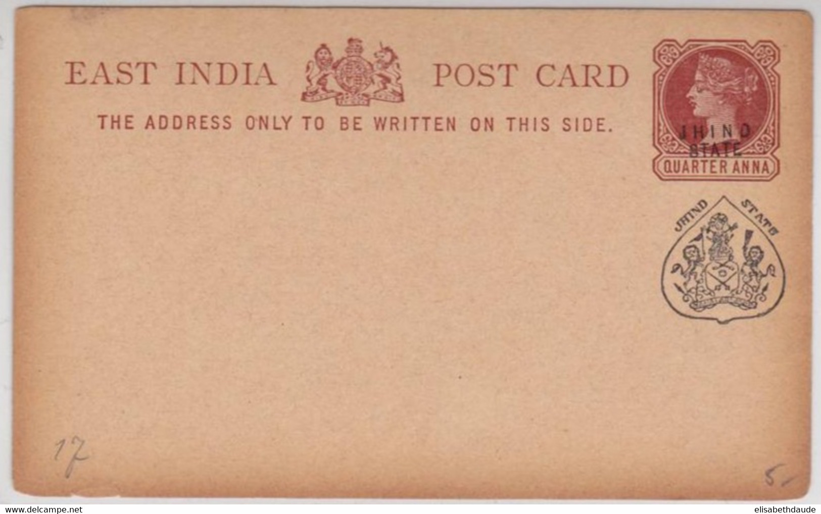 INDIA - JHIND STATE - CARTE POSTALE ENTIER NEUVE - VICTORIA - Jhind