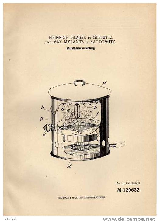 Original Patentschrift - H. Glaser In Gleiwitz Und Kattowitz , 1900 , Kocher Für Wurst , Würstchen , Bockwurst !!! - Eisenarbeiten