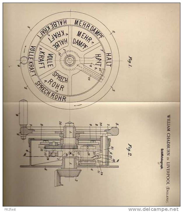 Original Patentschrift - W. Chadburn In Liverpool , 1899 , Telegraph Für Schiffe , Schiffstelegraph !!! - Otros & Sin Clasificación