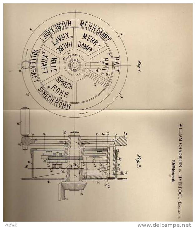 Original Patentschrift - W. Chadburn In Liverpool , 1899 , Telegraph Für Schiffe , Schiffstelegraph !!! - Other & Unclassified