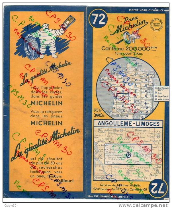 Carte Géographique MICHELIN - N° 072 ANGOULEME - LIMOGES 1951 - Strassenkarten