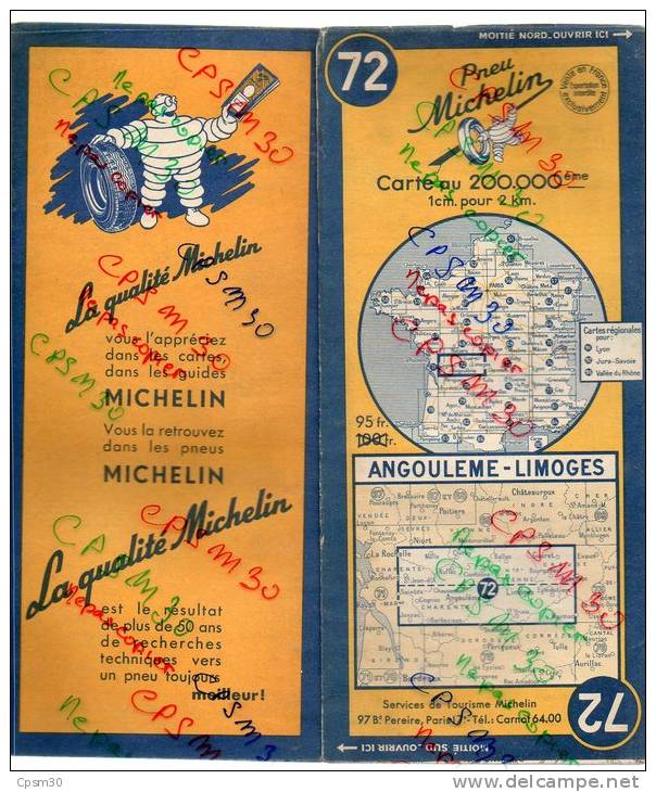 Carte Géographique MICHELIN - N° 072 ANGOULEME - LIMOGES 1952 - Strassenkarten