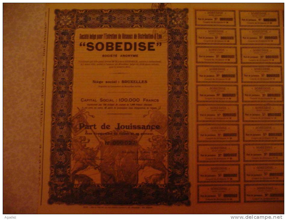 Action SOBEDISE  Société Belge Pour L'entretien De Réseaux De Distribution D'eau 1938. - Eau