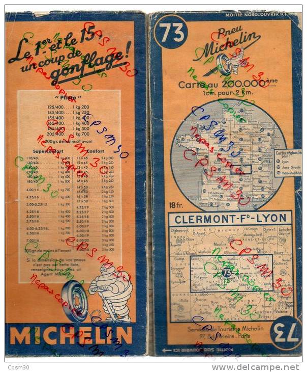 Carte Géographique MICHELIN - N° 073 CLERMON Fd - LYON 1945 - Strassenkarten