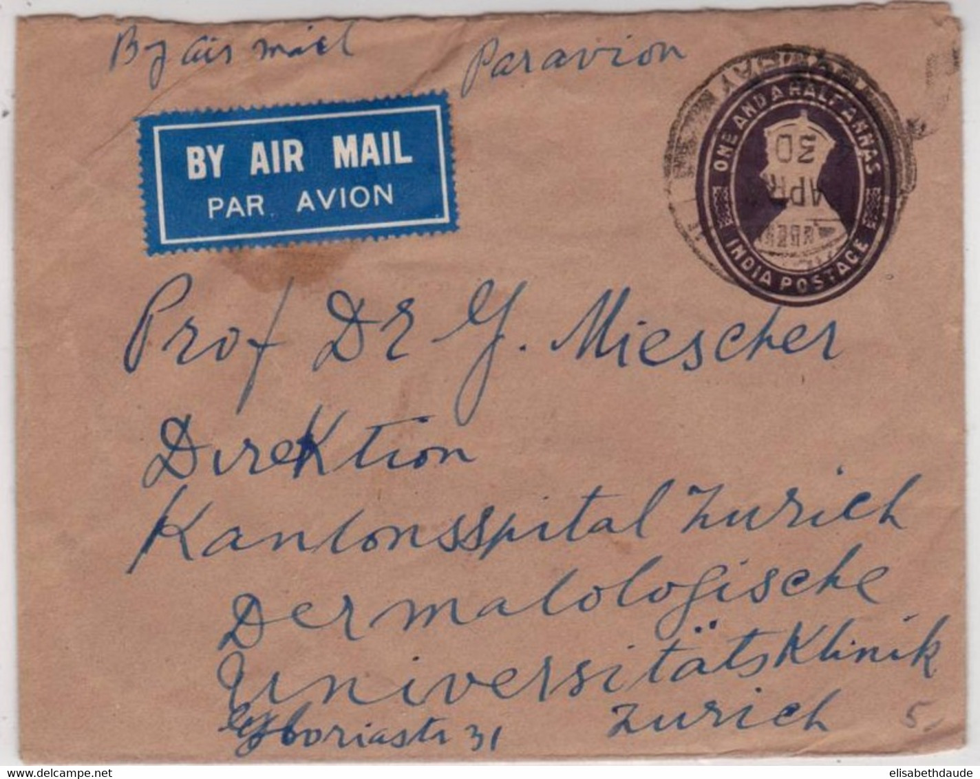 INDIA - 1947 - ENVELOPPE ENTIER POSTAL Par AVION De BOMBAY Pour ZÜRICH (SUISSE) - 1936-47 Roi Georges VI