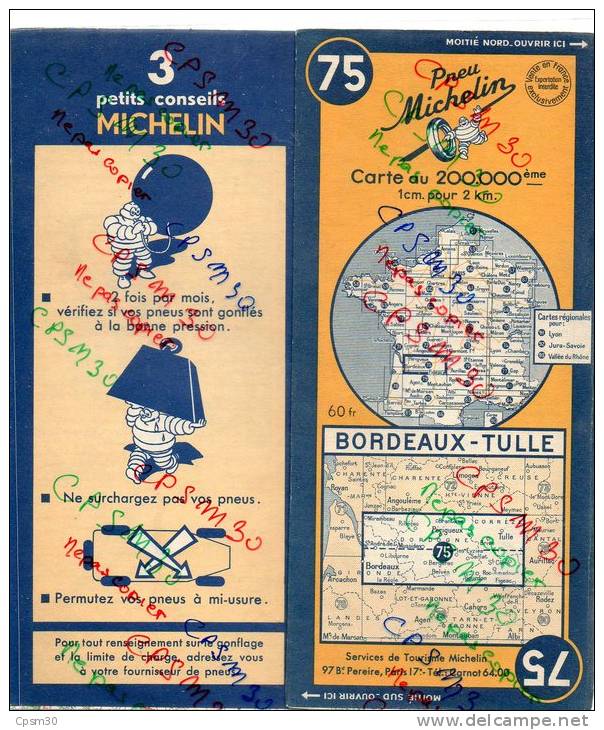 Carte Géographique MICHELIN - N° 075 BORDEAUX - TULLE 1950 - Strassenkarten