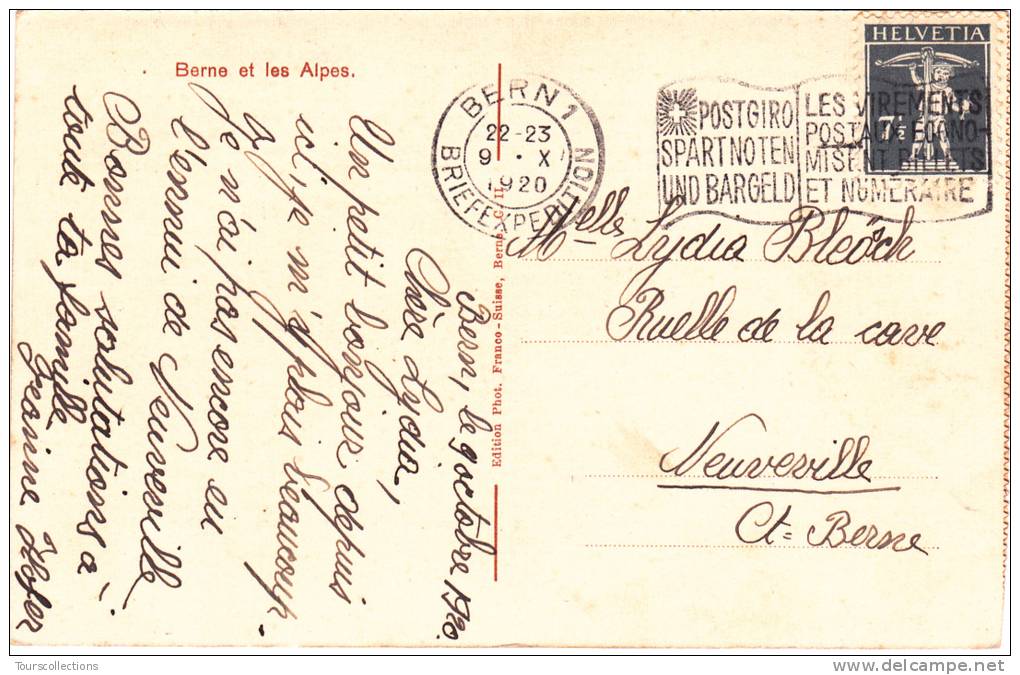 SUISSE @ Marque Postale Sur CPA - Départ  BERN - BERNE Le 09/10/1920 @ Pub Virements Postaux ( économisent Billets ! ) - Poststempel