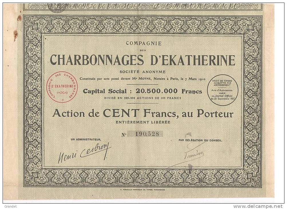 ACTION - CHARBONNAGES D´EKATHERINE - 1927. - Mijnen