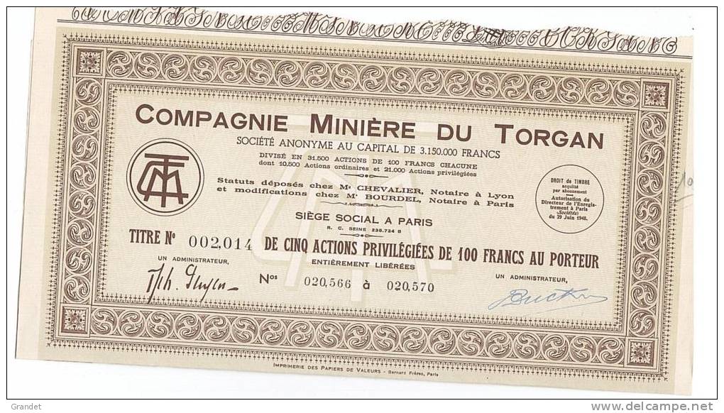 ACTION - MINIERE DU TORGAN - AUDE - 1948. - Mines