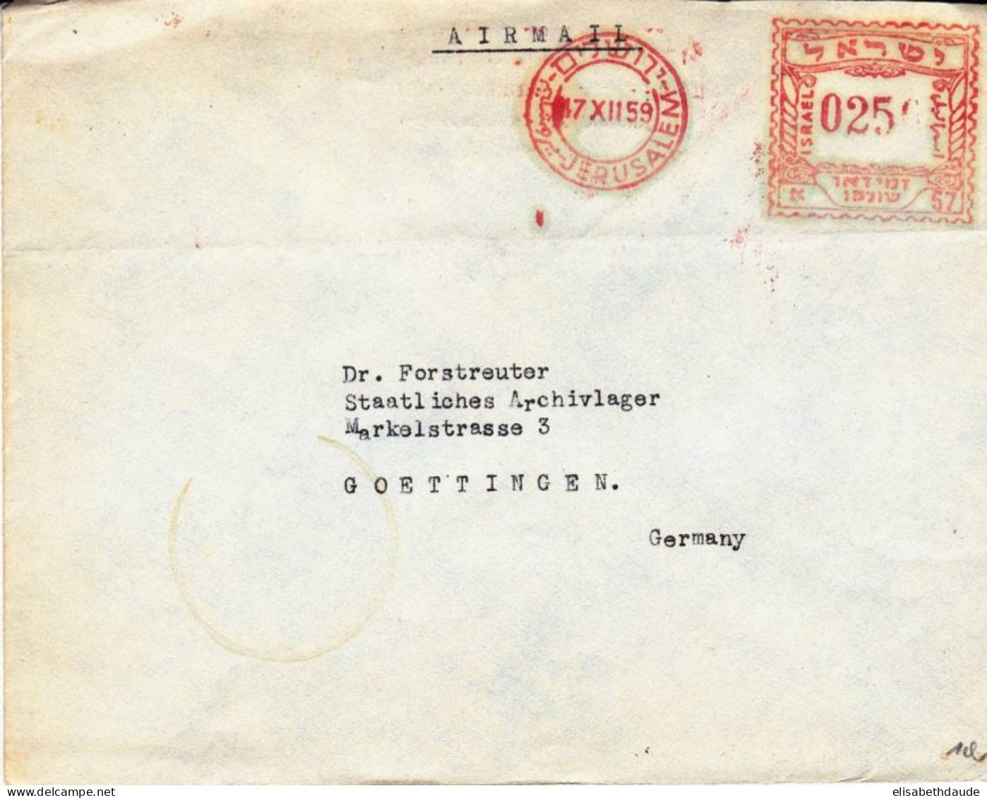 ISRAEL - 1959 - ENVELOPPE AIRMAIL Avec EMA De JERUSALEM Pour GÖTTINGEN (GERMANY) - Cartas & Documentos