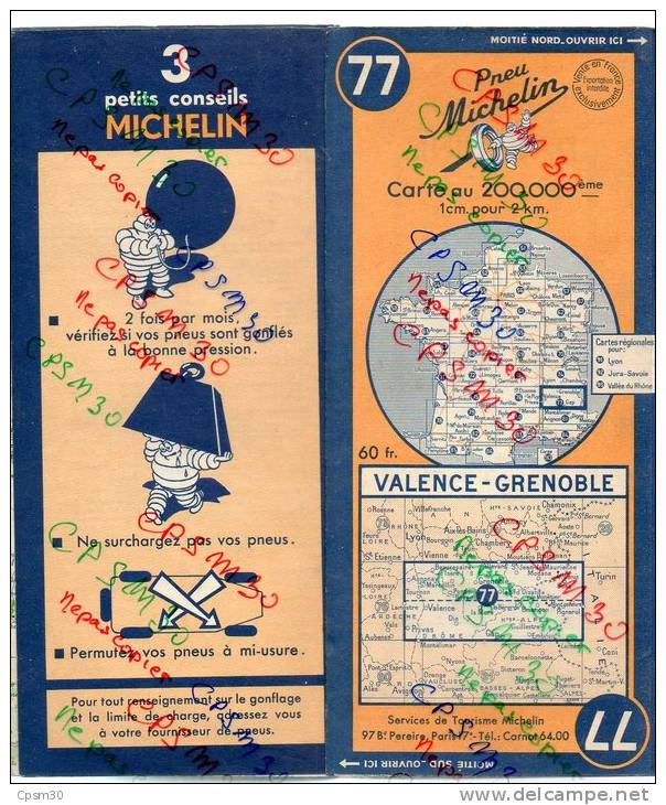 Carte Géographique MICHELIN - N° 077 VALENCE - GRENOBLE 1949 - Strassenkarten