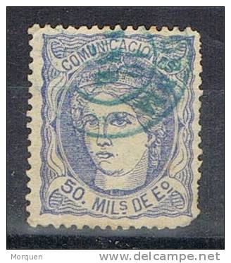 Sello 50 Milesimas Alegoria 1870, Fechador Azul DENIA (Valencia), Num 107 º - Gebraucht