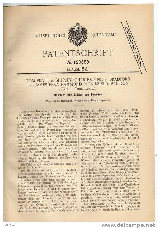 Original Patentschrift - T. Pratt In Shipley Und Fairfield , 1900 , Maschine Für Gewebe !!! - Tools