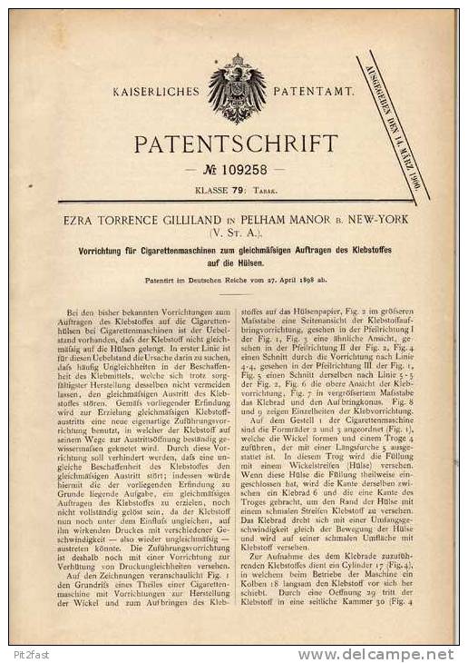Original Patentschrift - E. Gilliland In Pelham Manor , 1898 , Cigaretten Maschine , Cigarette !!! - Documenti