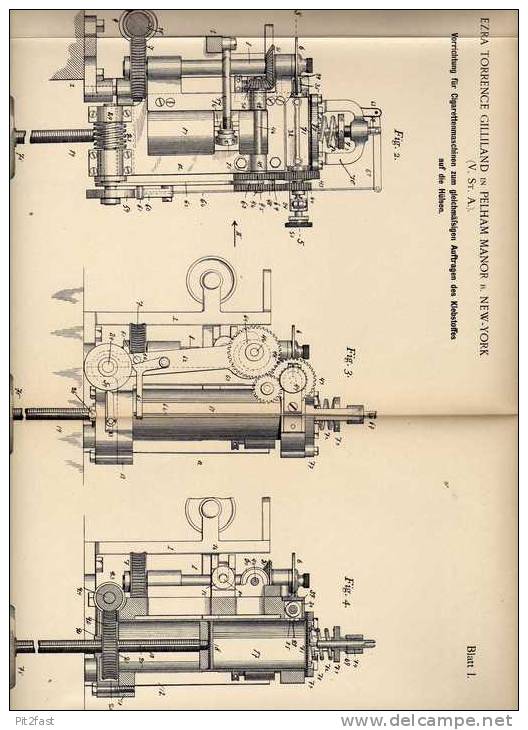 Original Patentschrift - E. Gilliland In Pelham Manor , 1898 , Cigaretten Maschine , Cigarette !!! - Dokumente