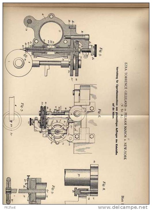 Original Patentschrift - E. Gilliland In Pelham Manor , 1898 , Cigaretten Maschine , Cigarette !!! - Documentos