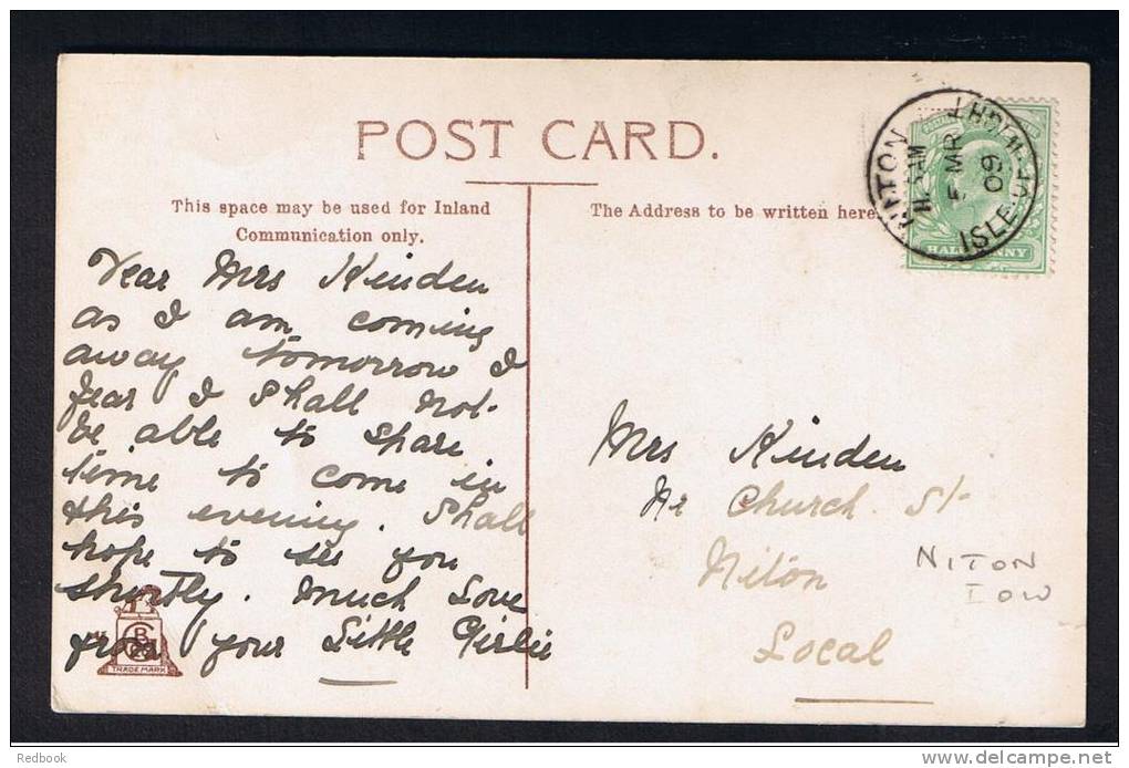 RB 866 - 1909 Postcard - Ventnor Looking East - Isle Of Wight - Good Niton Postmark - Ventnor