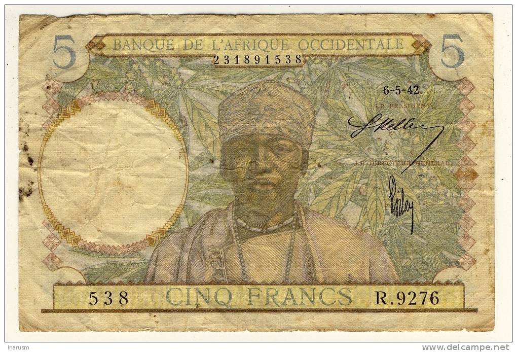 Afrique Occidentale  -  West Africa  -   5 Francs  -  6/5/42  -  Chiffre Bleu Clair  -  P. 25 - États D'Afrique De L'Ouest