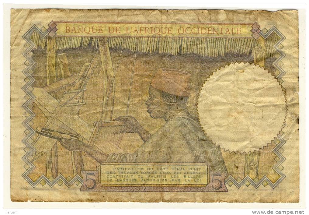 Afrique Occidentale  -  West Africa  -   5 Francs  -  6/5/42  -  Chiffre Bleu Clair  -  P. 25 - États D'Afrique De L'Ouest