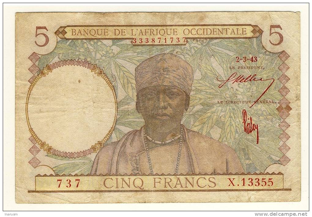 Afrique Occidentale  -  West Africa  -   5 Francs  -  2/3/43  -  Chiffre Rouge  -  P. 26 - West African States