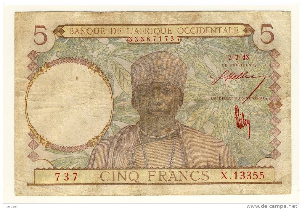 Afrique Occidentale  -  West Africa  -   5 Francs  -  2/3/43  -  Chiffre Rouge  -  P. 26 - Westafrikanischer Staaten