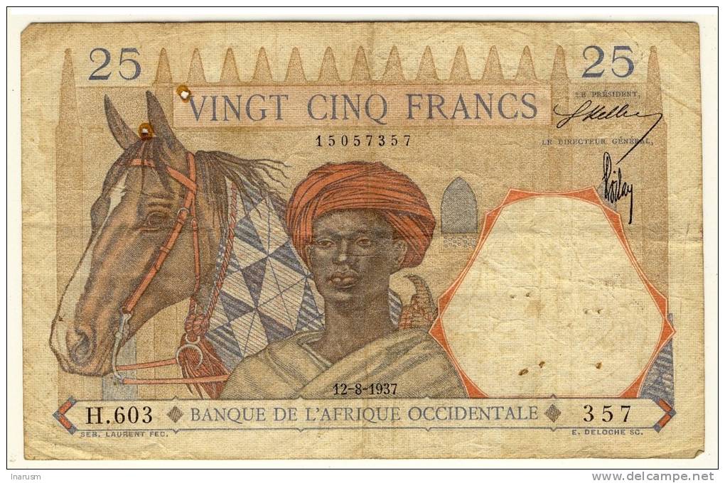 Afrique Occidentale  -  West Africa  -   25 Francs  -  12/8/1937  -  Chiffre Bleu  -  P. 22 - Autres - Afrique