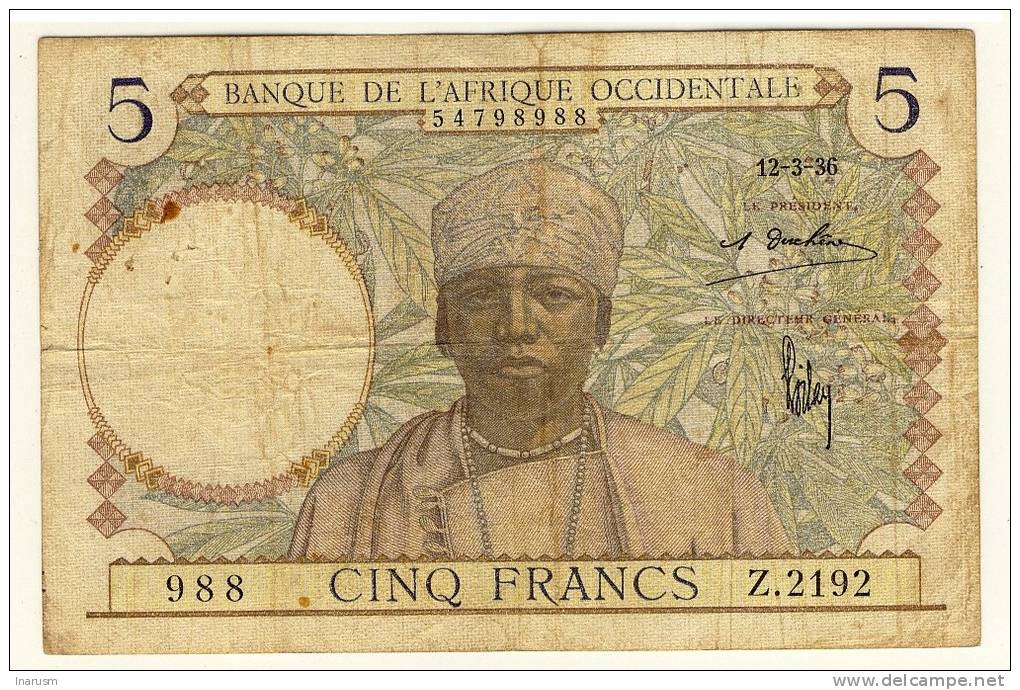 Afrique Occidentale  -  West Africa  -   5 Francs  -  12/3/36  -  Chiffre Bleu-noir  -  P. 21 - Otros – Africa
