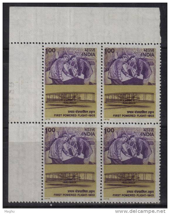 India MNh 1978, Block Of 4,  Annv.Of Powered  Flight Wright Brothers, Ariplane, - Blokken & Velletjes