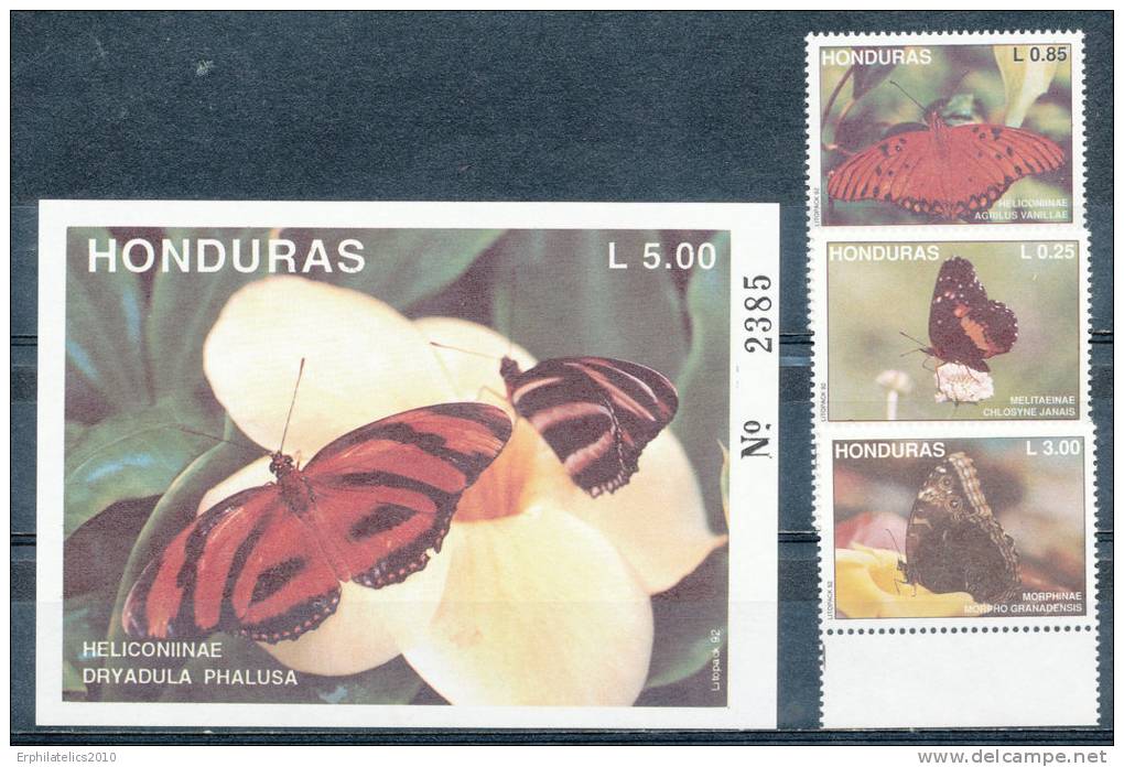 HONDURAS 1992 BUTTERFLIES SET AND S/S SC# 370-373 VF MNH SCARCE - Honduras