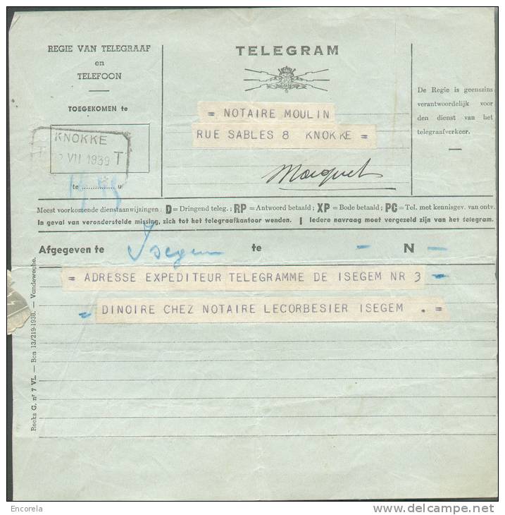 Télégramme Du 2-VII1939 Déposé à Iseghem Avec Cachet Télégraphique (modèle 2) De KNOKKE T T (2 étoiles Dans Le Bas). - 7 - Timbres Télégraphes [TG]