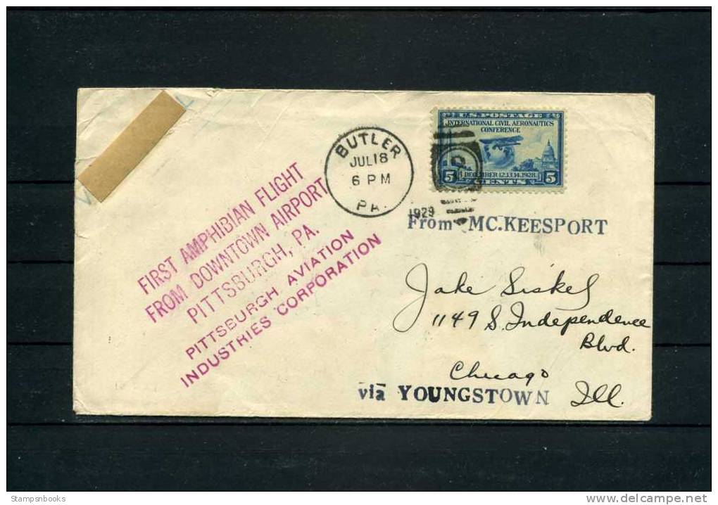 USA 1929 First Amphibian Flight Butler, Pittsburgh To Chicago Via Youngstown Cover - 1c. 1918-1940 Covers