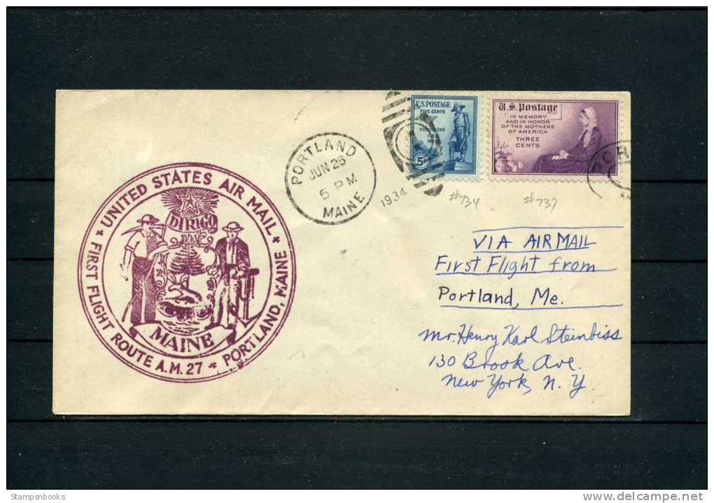 USA 1934 Airmail First Flight Cover. Portland, Maine Route A.M. 27 - 1c. 1918-1940 Covers