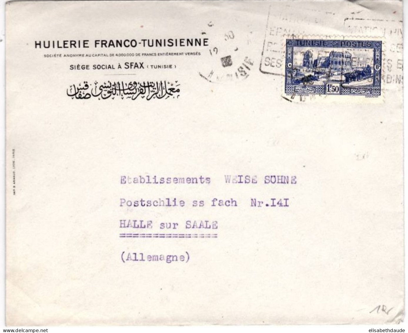 TUNISIE - 1933 - ENVELOPPE COMMERCIALE (HUILERIE) De SFAX Avec DAGUIN Pour HALLE (GERMANY) - Storia Postale