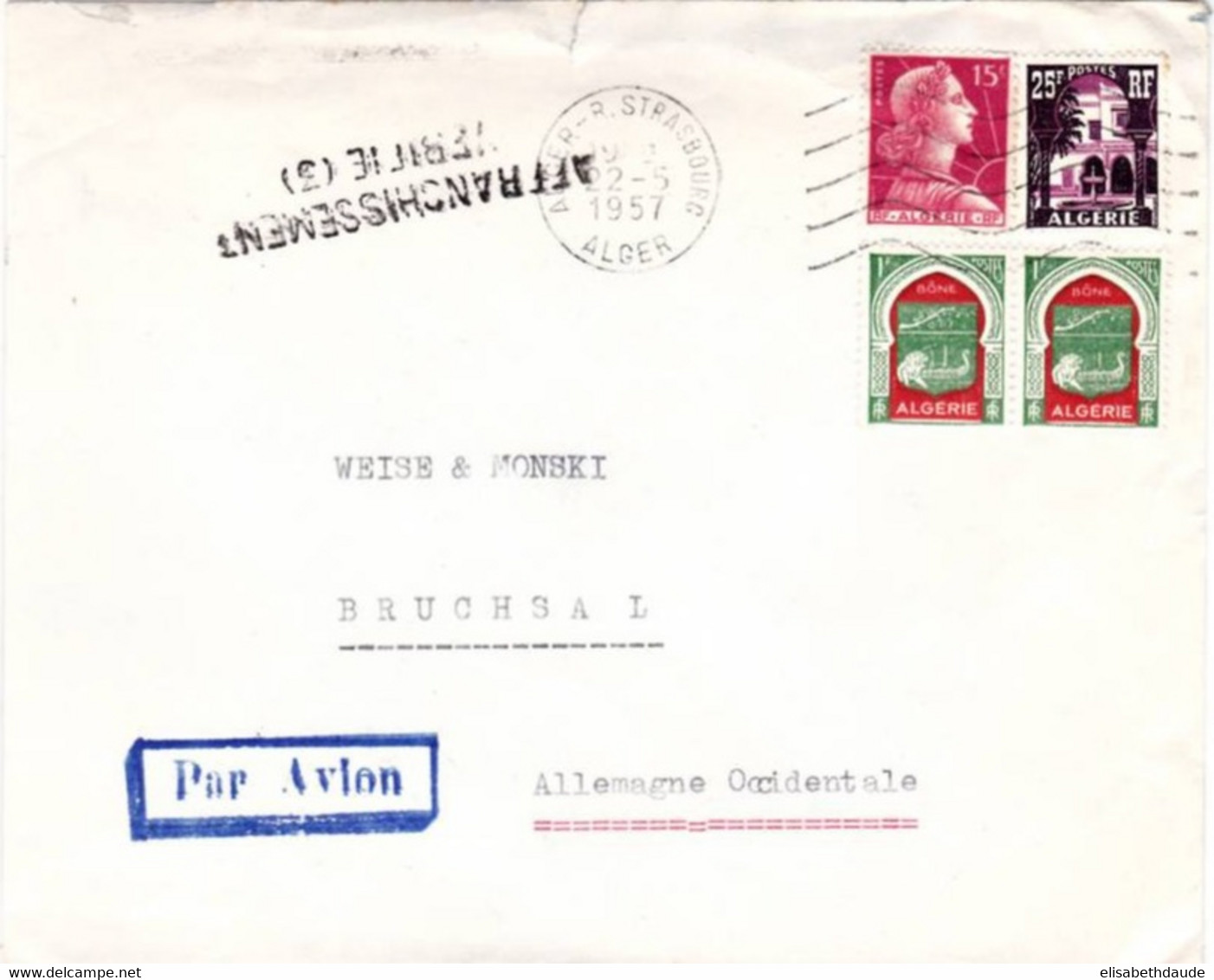 ALGERIE - 1957 -  "AFFRANCHISSEMENT VERIFIE" - ENVELOPPE COMMERCIALE D'ALGER Pour BRUCHSAL (GERMANY) - - Covers & Documents