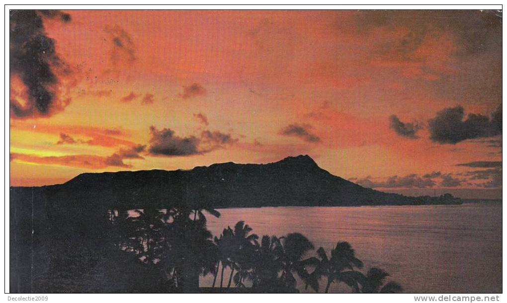 BR1204 As Othe Sun Rises Sunrise OVer Diamond Head Waikiki Beach 2 Scans - Honolulu