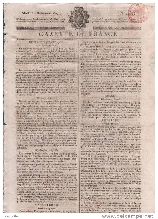 GAZETTE DE FRANCE 02 09 1817 - ETATS UNIS - AUTRICHE - NUREMBERG - BOURBOURG - THEATRE ODEON VANGLAS PICARD - 1800 - 1849