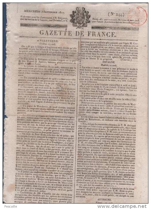 GAZETTE DE FRANCE 03 09 1817 - ILE D'AMELIA - MADRID - DRESDE - SAINT GALL SUISSE - LYON - COMMERCY - MAJORATS - 1800 - 1849