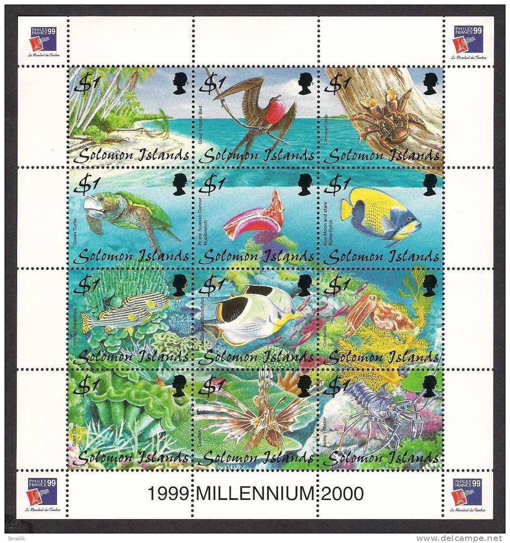 1999 Solomon Islands Fishes, Birds, Green Turtle, Sea Life, Philex France Sheetlet Of 12v MNH - Solomon Islands (1978-...)