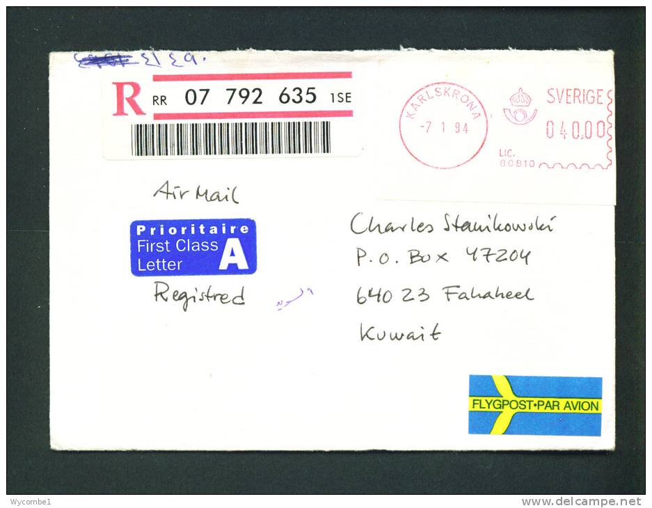 SWEDEN  -  1994 Registered Airmail Cover To Kuwait As Scans - Lettres & Documents