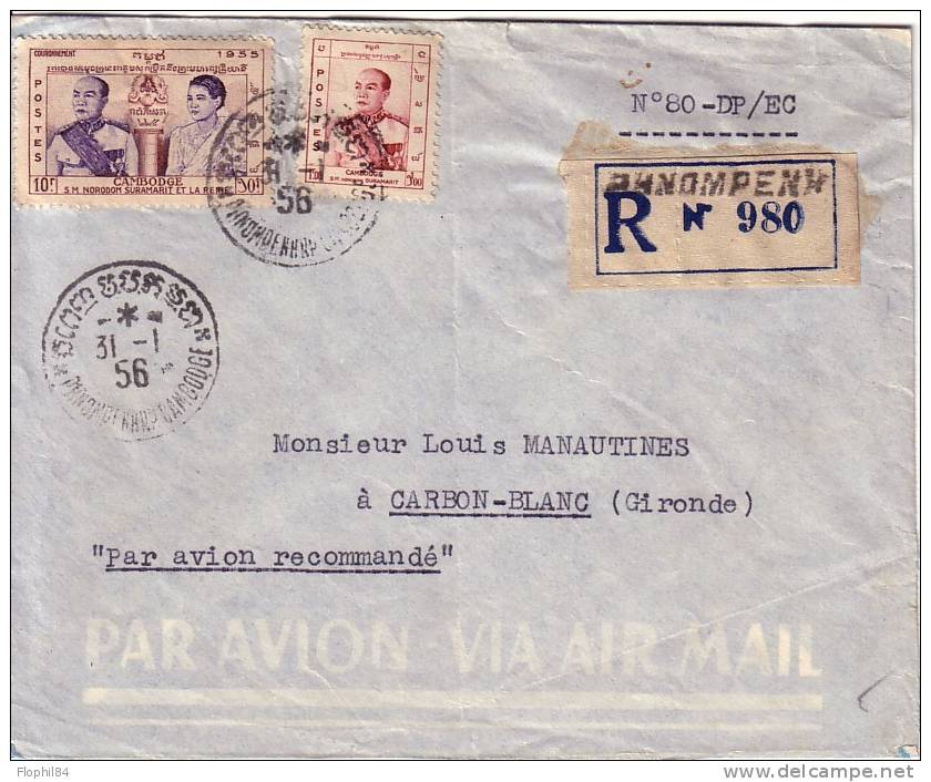 CAMBODGE-PNOMPENH-LETTRE RECOMMANDEE DE L'ETAT CIVIL FRANCAIS DE PNIMPHEN POUR LA FRANCE  31-1-1956 - Cambodge