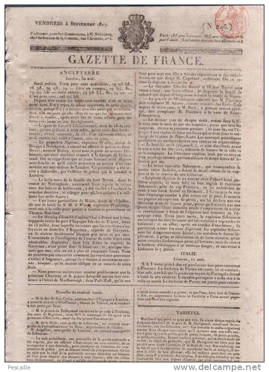 GAZETTE DE FRANCE 05 09 1817 - MARCHAND DE CACHEMIRE RUE DES COLONNES PARIS - TUILERIES - CONCORDAT - GOUTTE MALADIE - 1800 - 1849