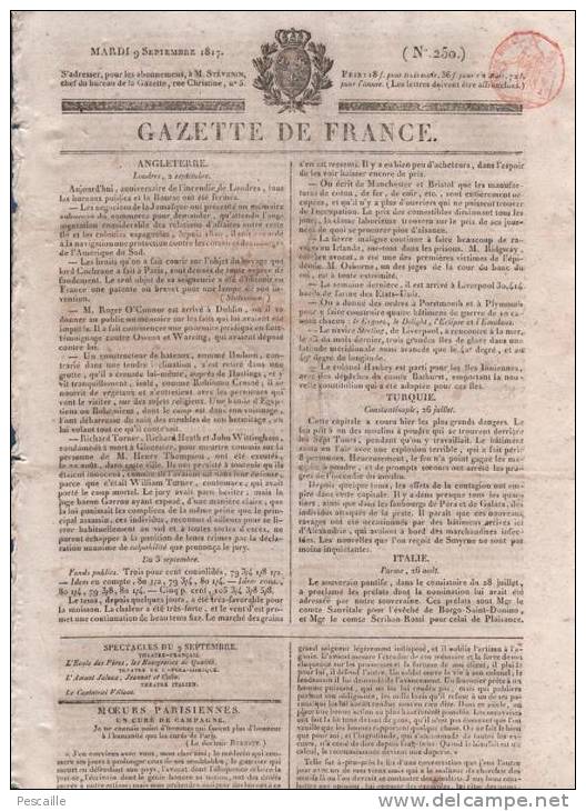 GAZETTE DE FRANCE 09 09 1817 - LONDRES - TURQUIE - BERLIN LANDWEHR - WURTEMBERG - CURE DE CAMPAGNE - 1800 - 1849