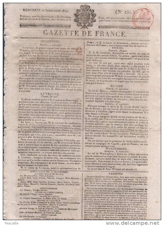 GAZETTE DE FRANCE 10 09 1817 - VIENNE - BAVIERE - JOURNAL CHAMPENOIS - AFRIQUE MUNGO PARK ROBERT ADAMS TOMBOUCTOU ... - 1800 - 1849