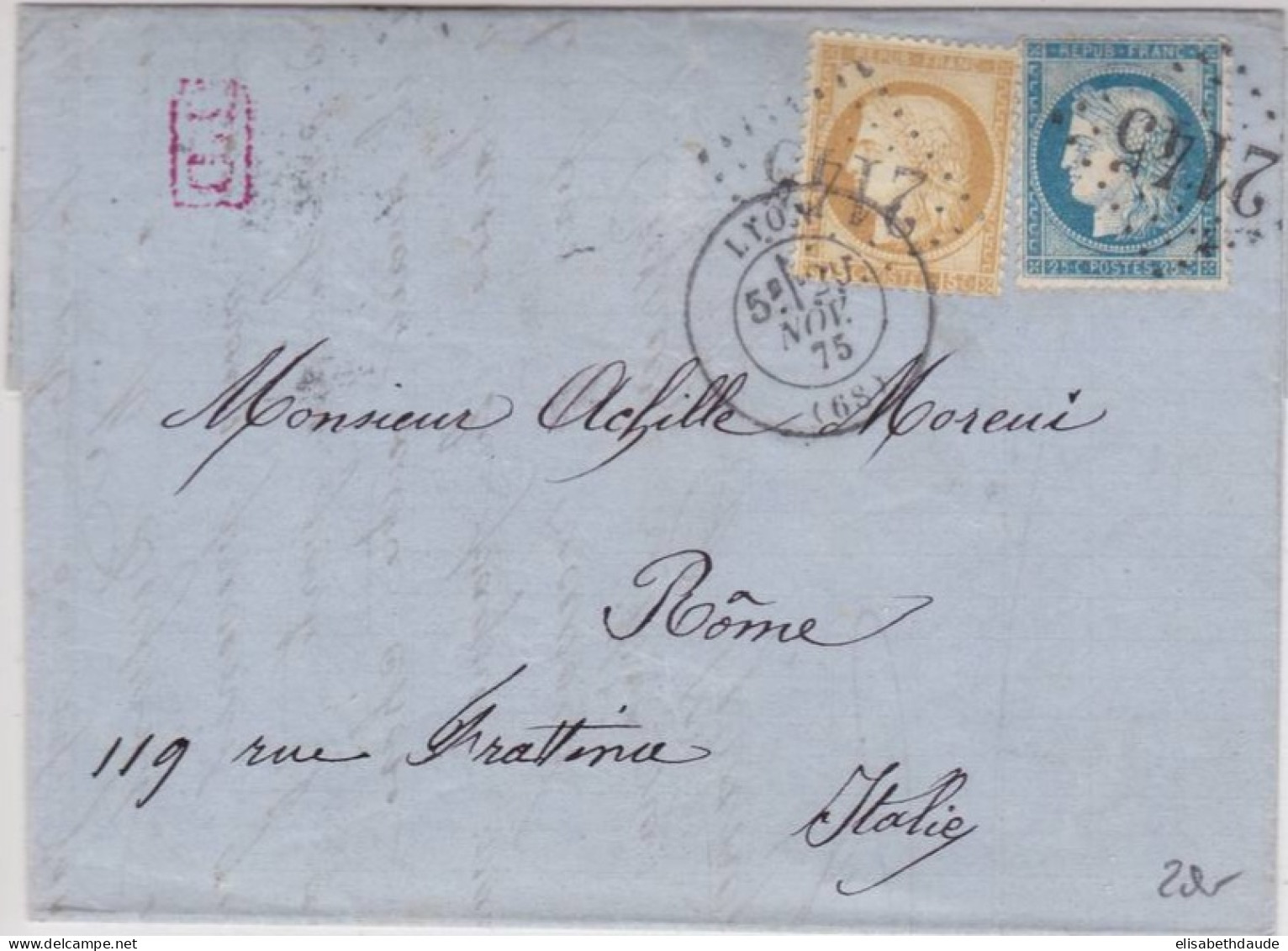 CERES YVERT N°55+60 - 1875 - LETTRE De LYON Pour ROME (ITALIE) ! - 1871-1875 Cérès