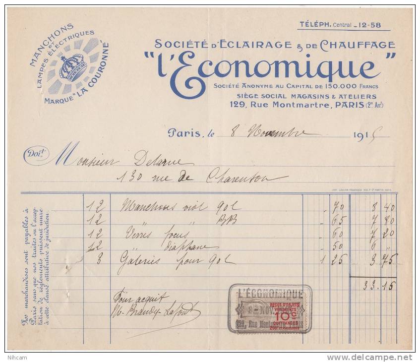 " L'ECONOMIQUE " 8 NOV 1915 / 10c Quittances (200F Et Au Dessous) - Electricité & Gaz